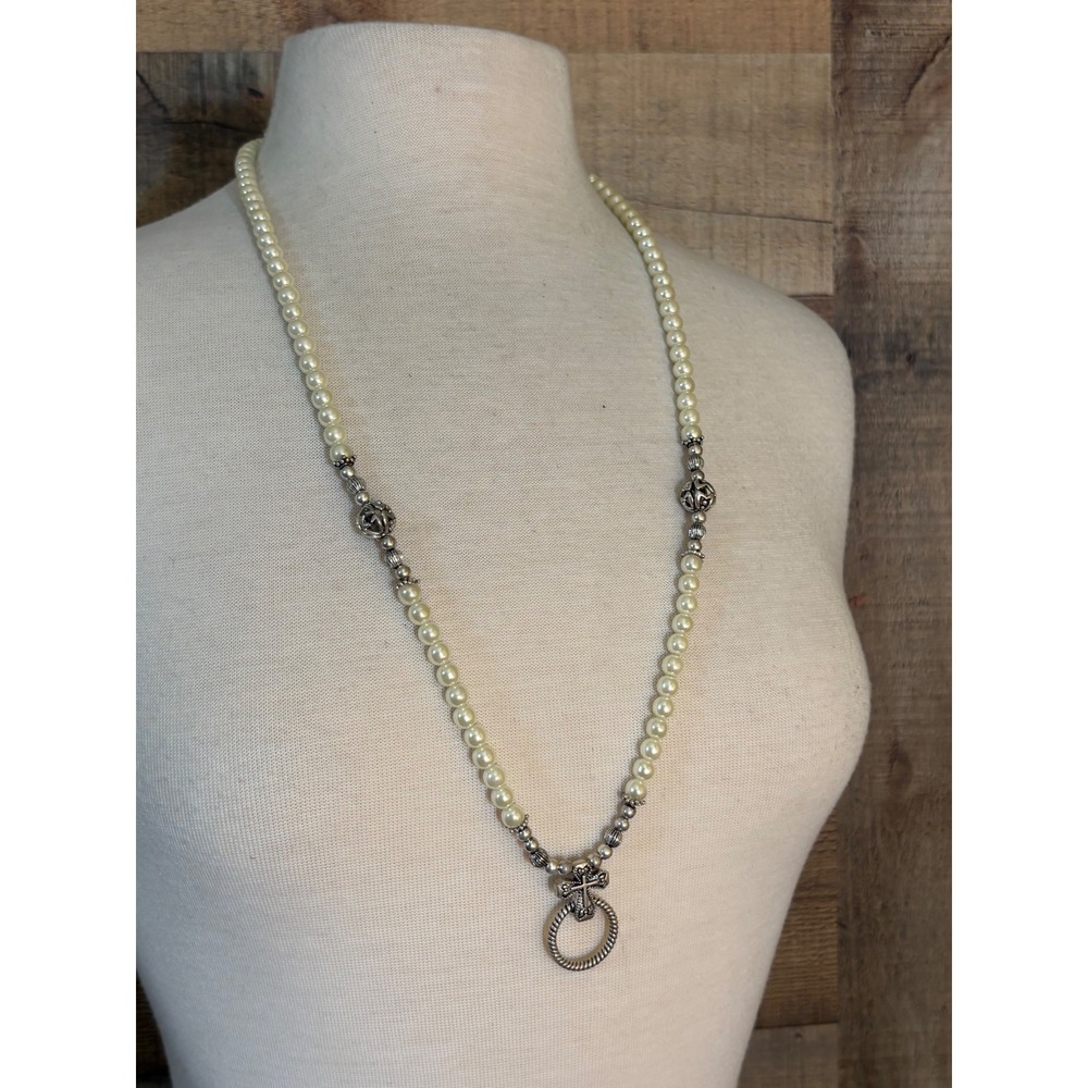 Vintage Style Faux Pearl Cross Ring Pendant Necklace Silver Tone Goth